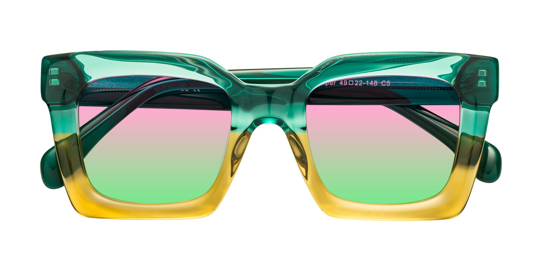 Folded Front of Piper in Green-Champagne with Pink / Green Gradient Lenses