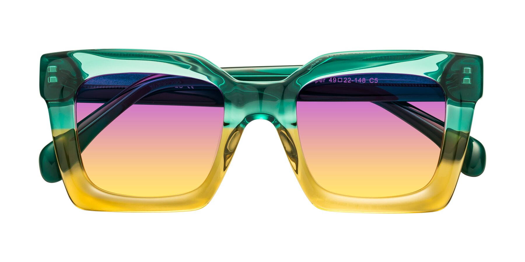 Folded Front of Piper in Green-Champagne with Purple / Yellow Gradient Lenses