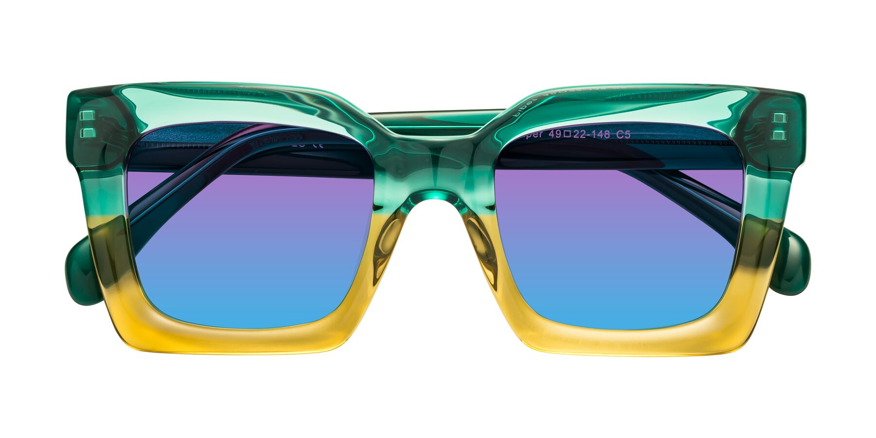 Folded Front of Piper in Green-Champagne with Purple / Blue Gradient Lenses