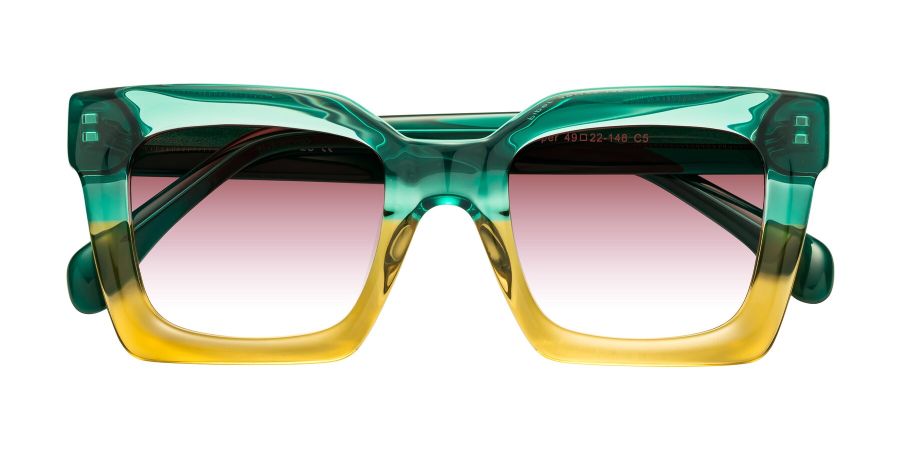 Folded Front of Piper in Green-Champagne with Garnet Gradient Lenses