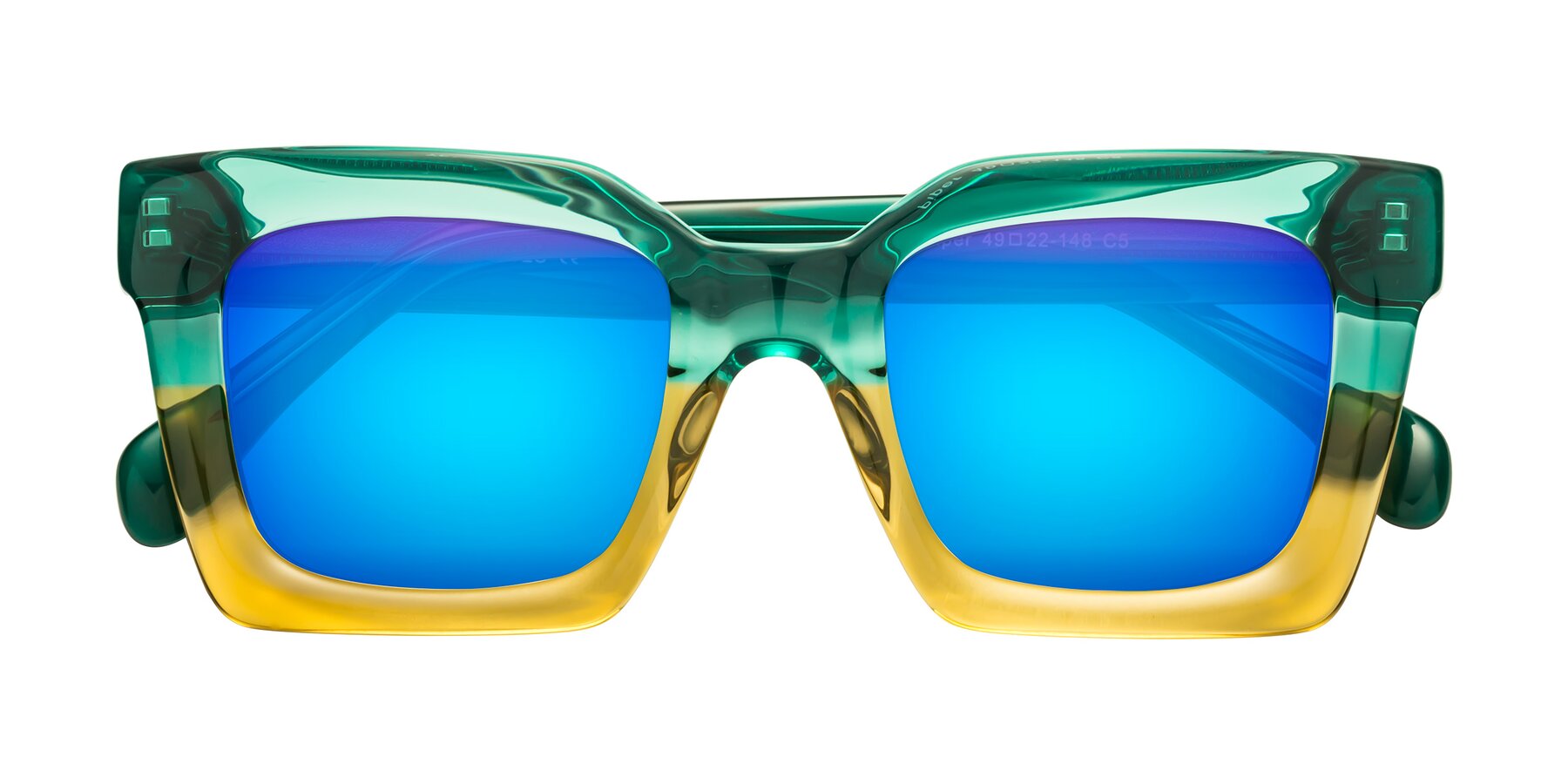 Folded Front of Piper in Green-Champagne with Blue Mirrored Lenses