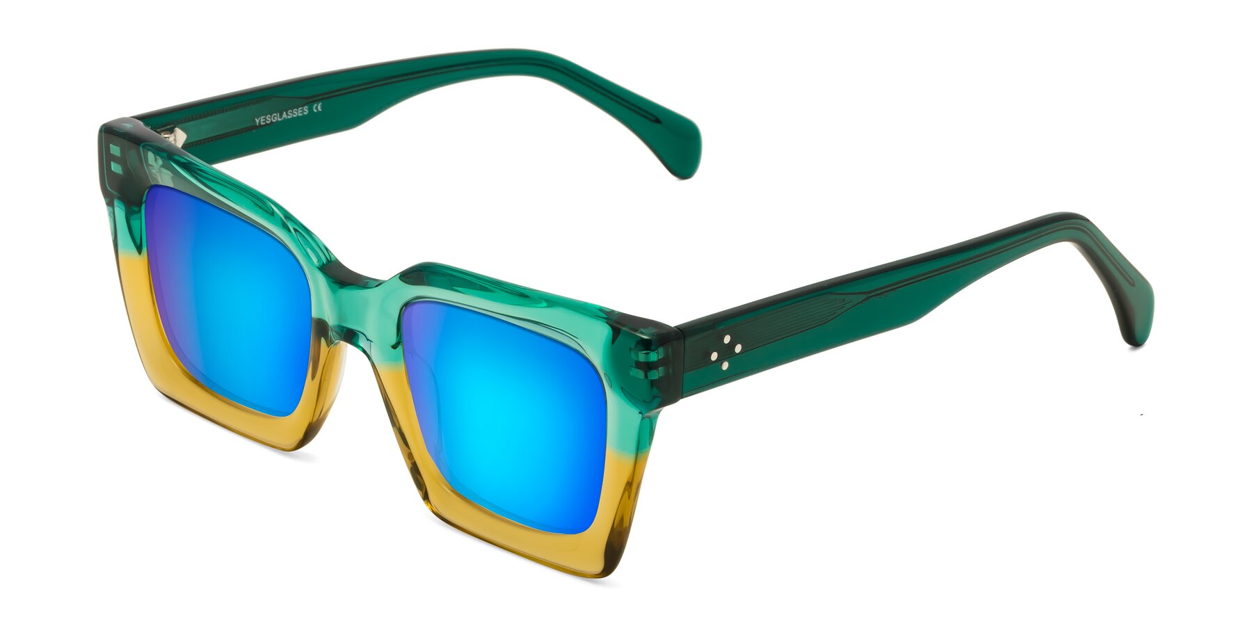 Angle of Piper in Green-Champagne with Blue Mirrored Lenses