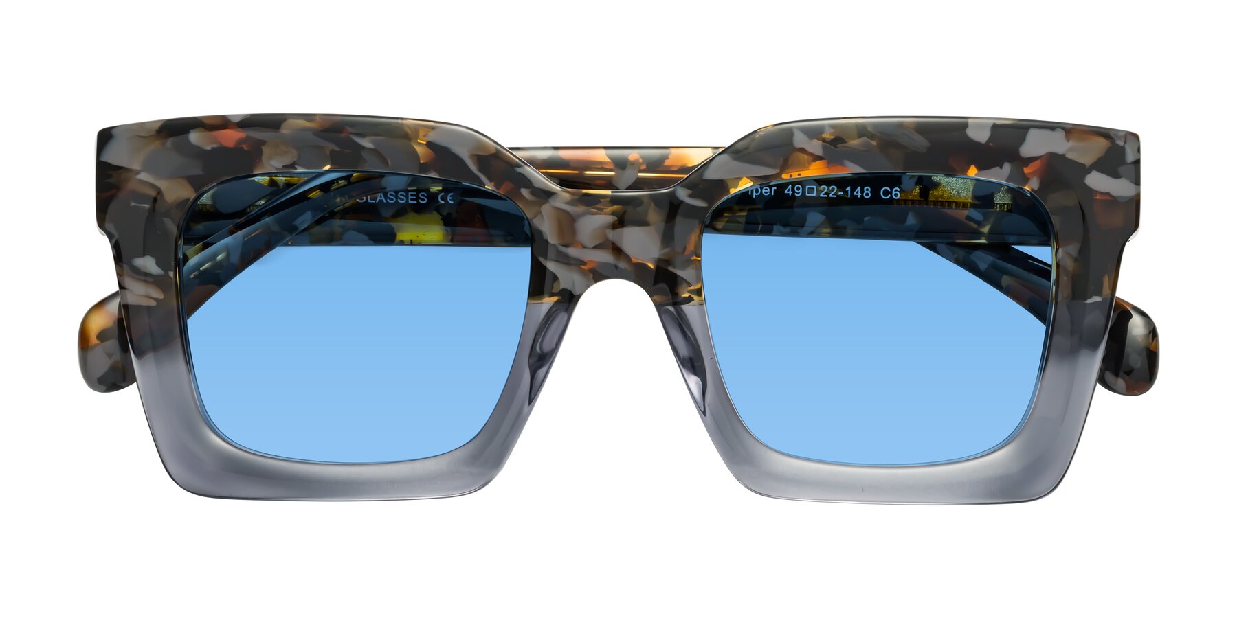 Folded Front of Piper in Floral-Livid with Medium Blue Tinted Lenses