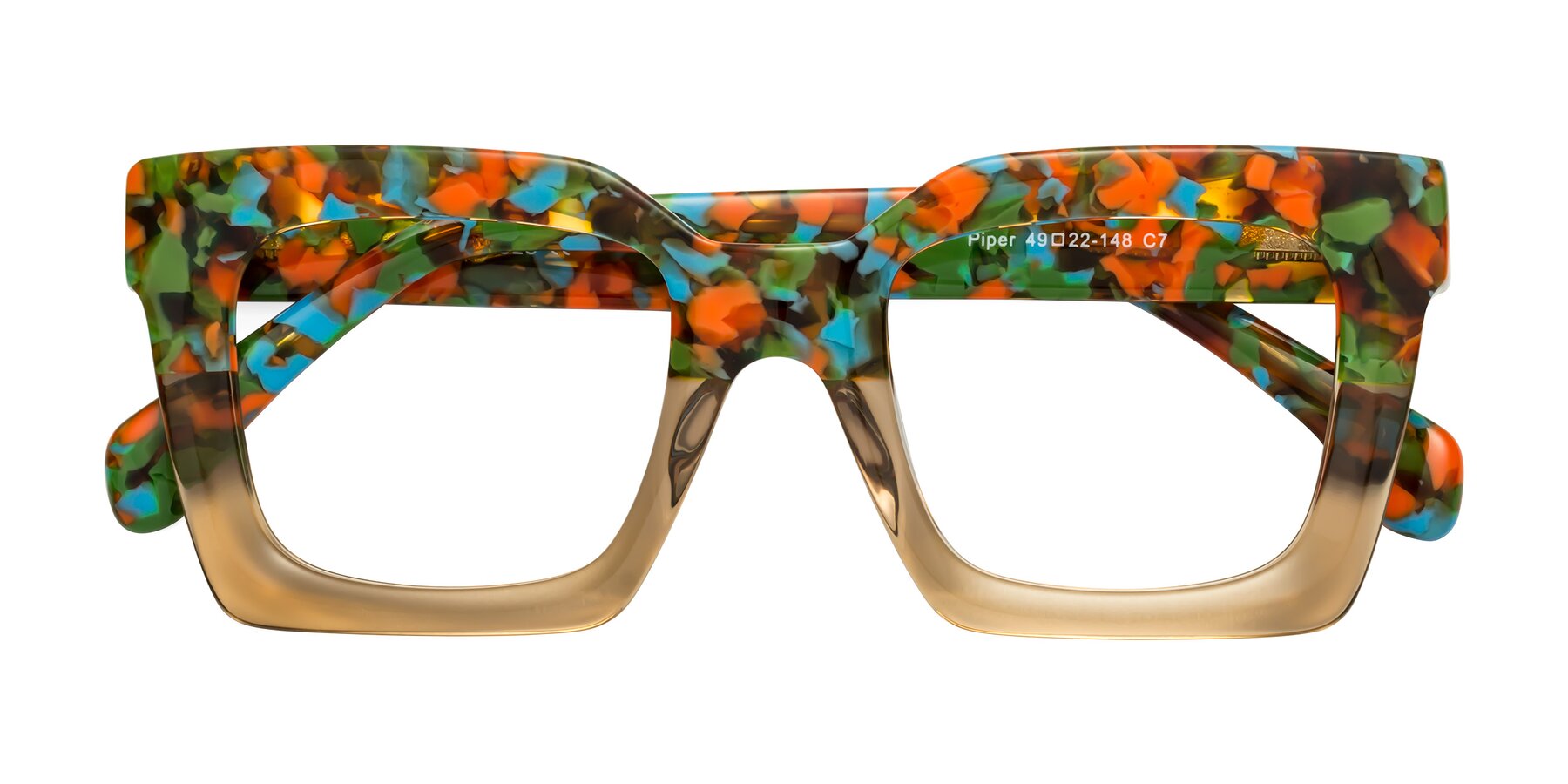 Folded Front of Piper in Floral-Amber with Clear Reading Eyeglass Lenses