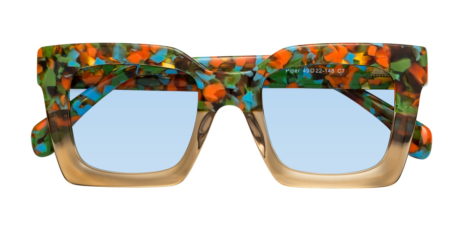 Folded Front of Piper in Floral-Amber with Light Blue Tinted Lenses