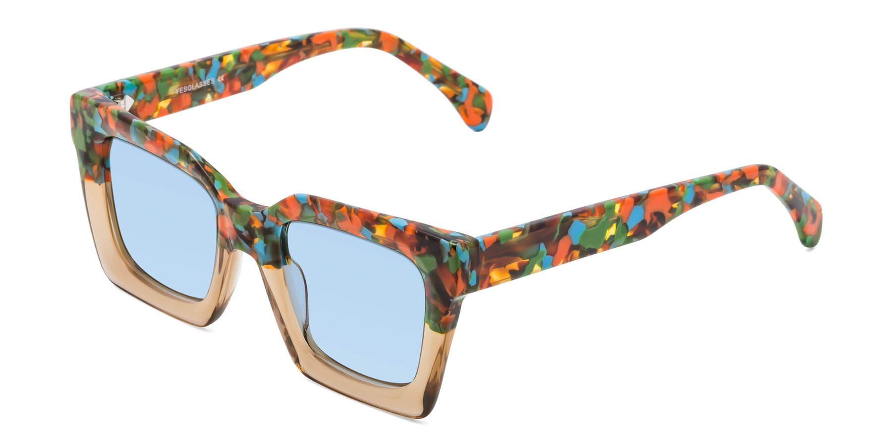 Angle of Piper in Floral-Amber with Light Blue Tinted Lenses