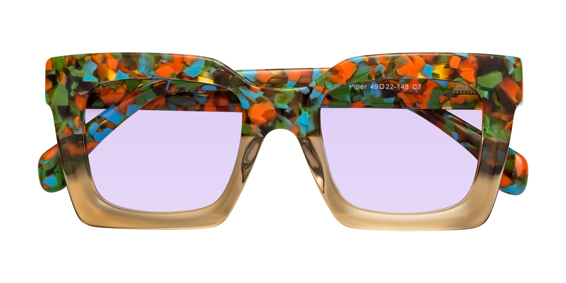 Folded Front of Piper in Floral-Amber with Light Purple Tinted Lenses