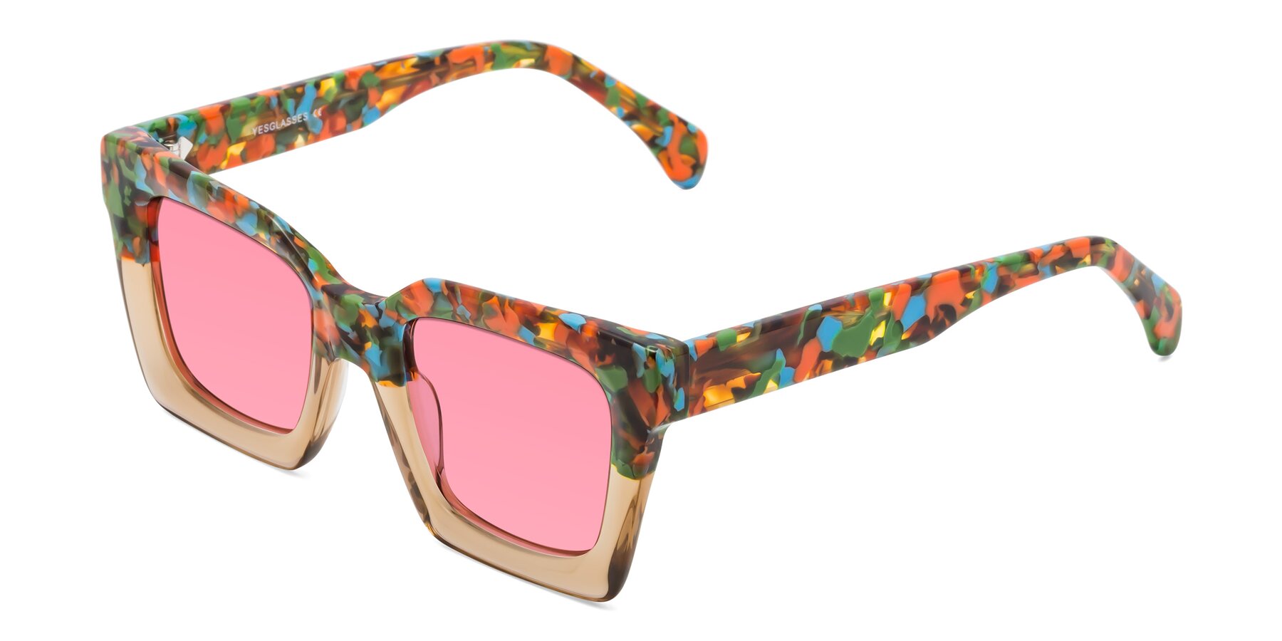 Angle of Piper in Floral-Amber with Pink Tinted Lenses