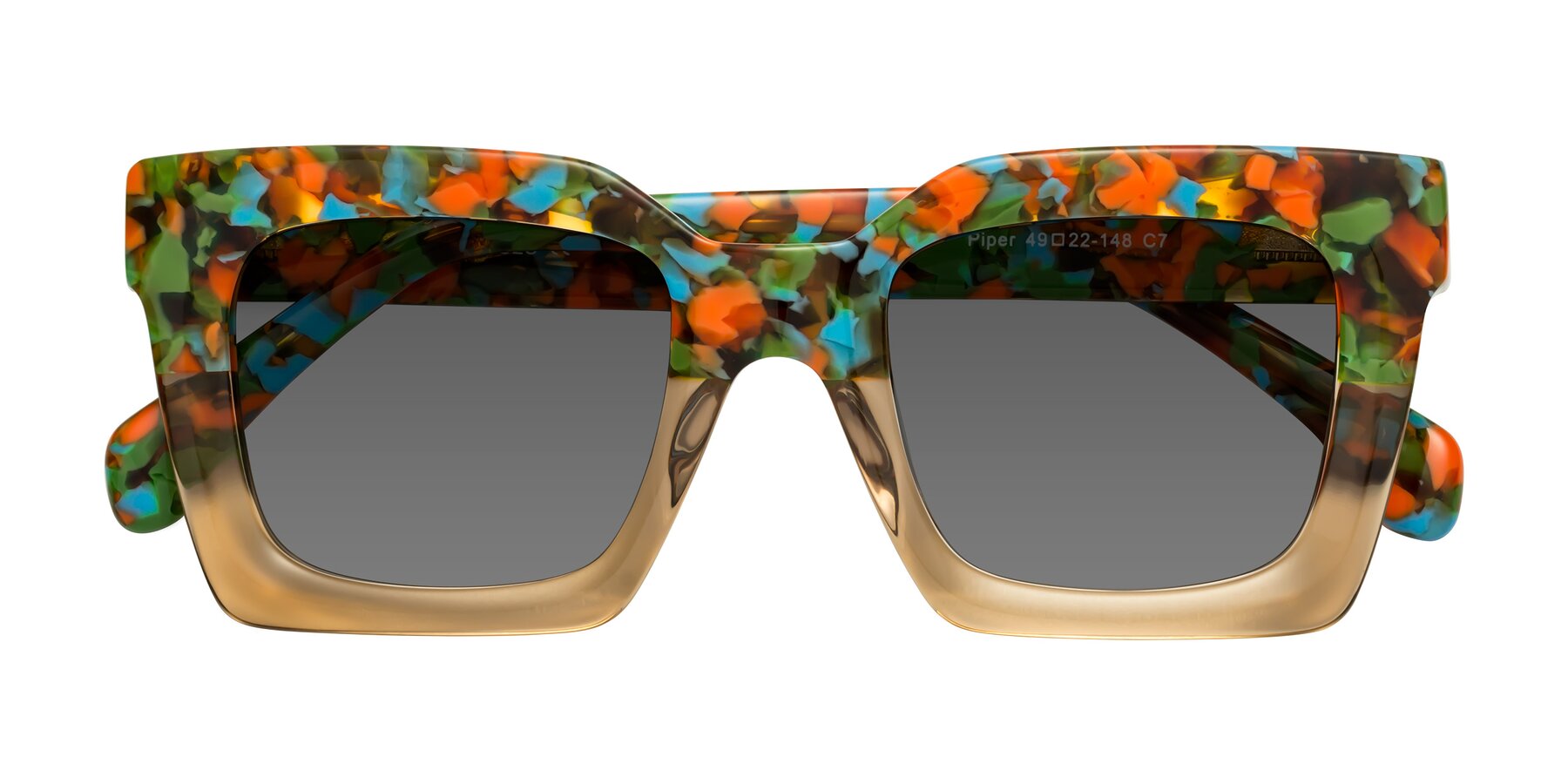 Folded Front of Piper in Floral-Amber with Medium Gray Tinted Lenses