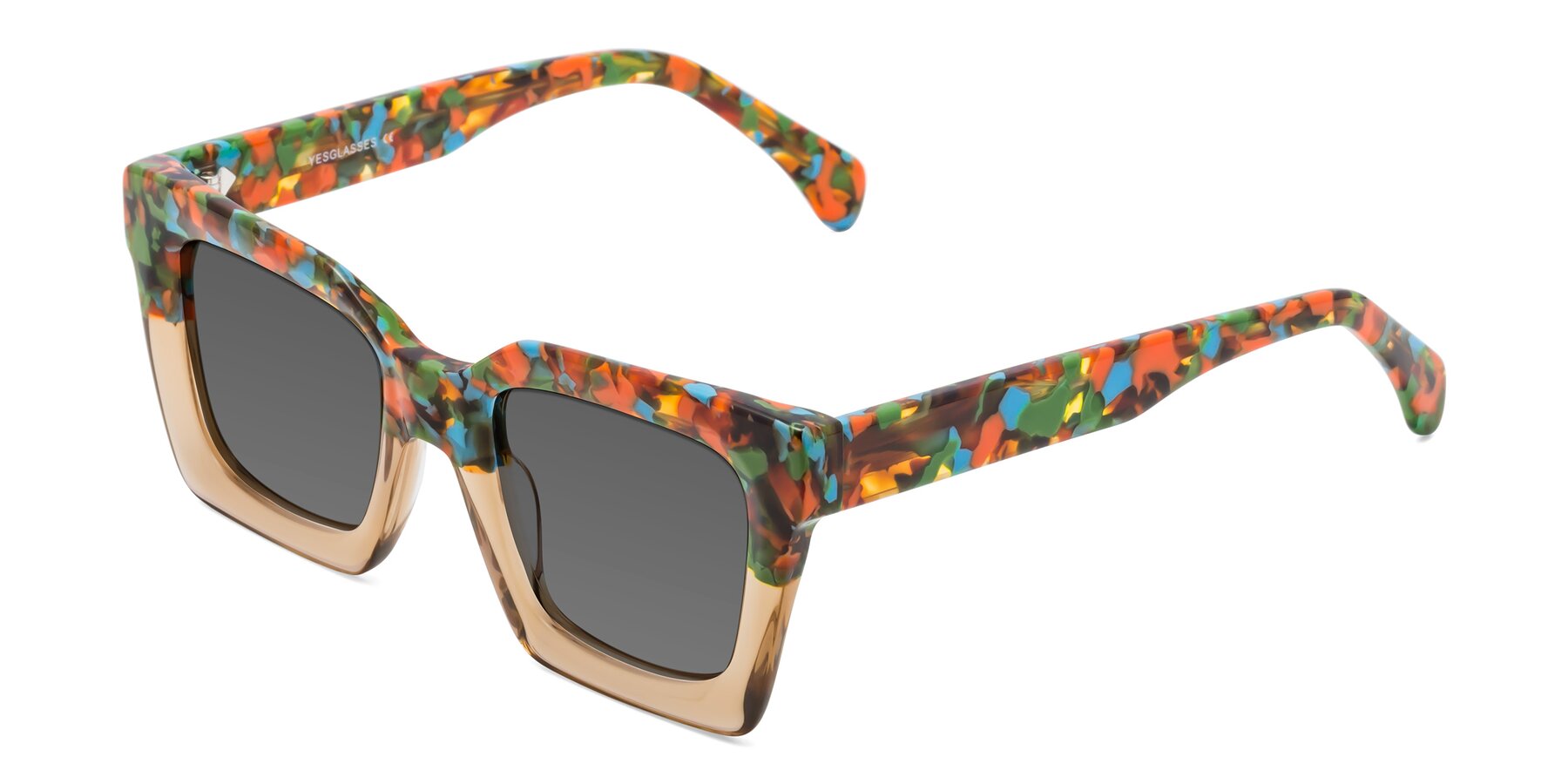 Angle of Piper in Floral-Amber with Medium Gray Tinted Lenses