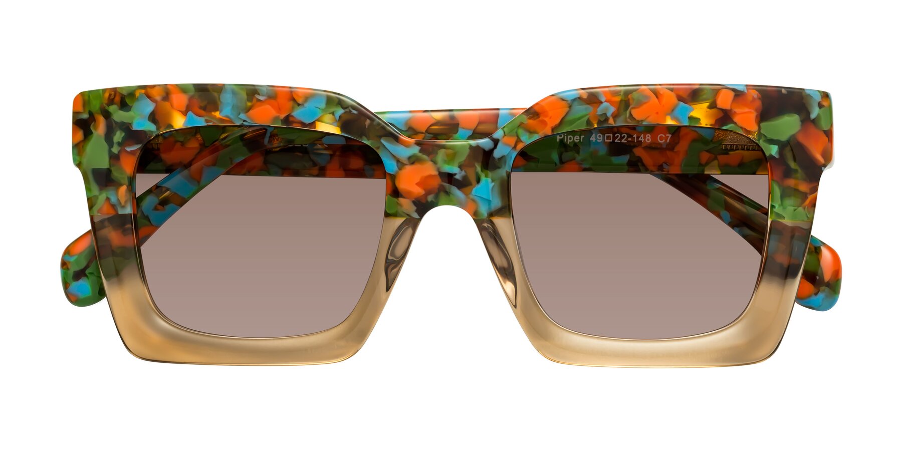 Folded Front of Piper in Floral-Amber with Medium Brown Tinted Lenses