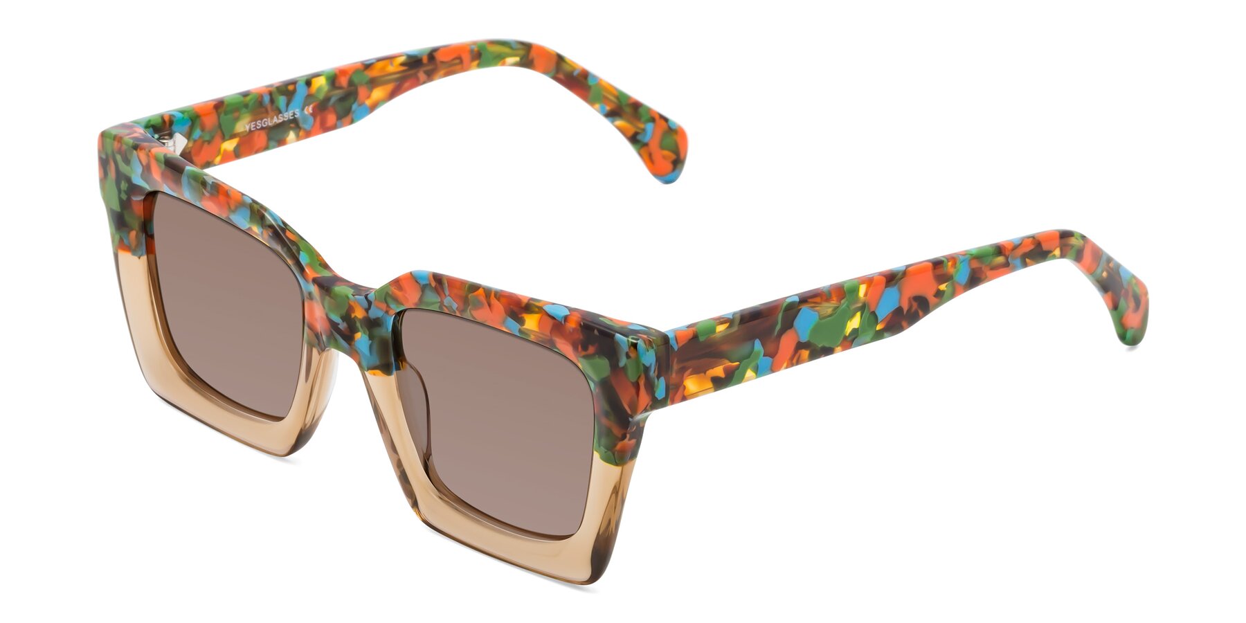 Angle of Piper in Floral-Amber with Medium Brown Tinted Lenses
