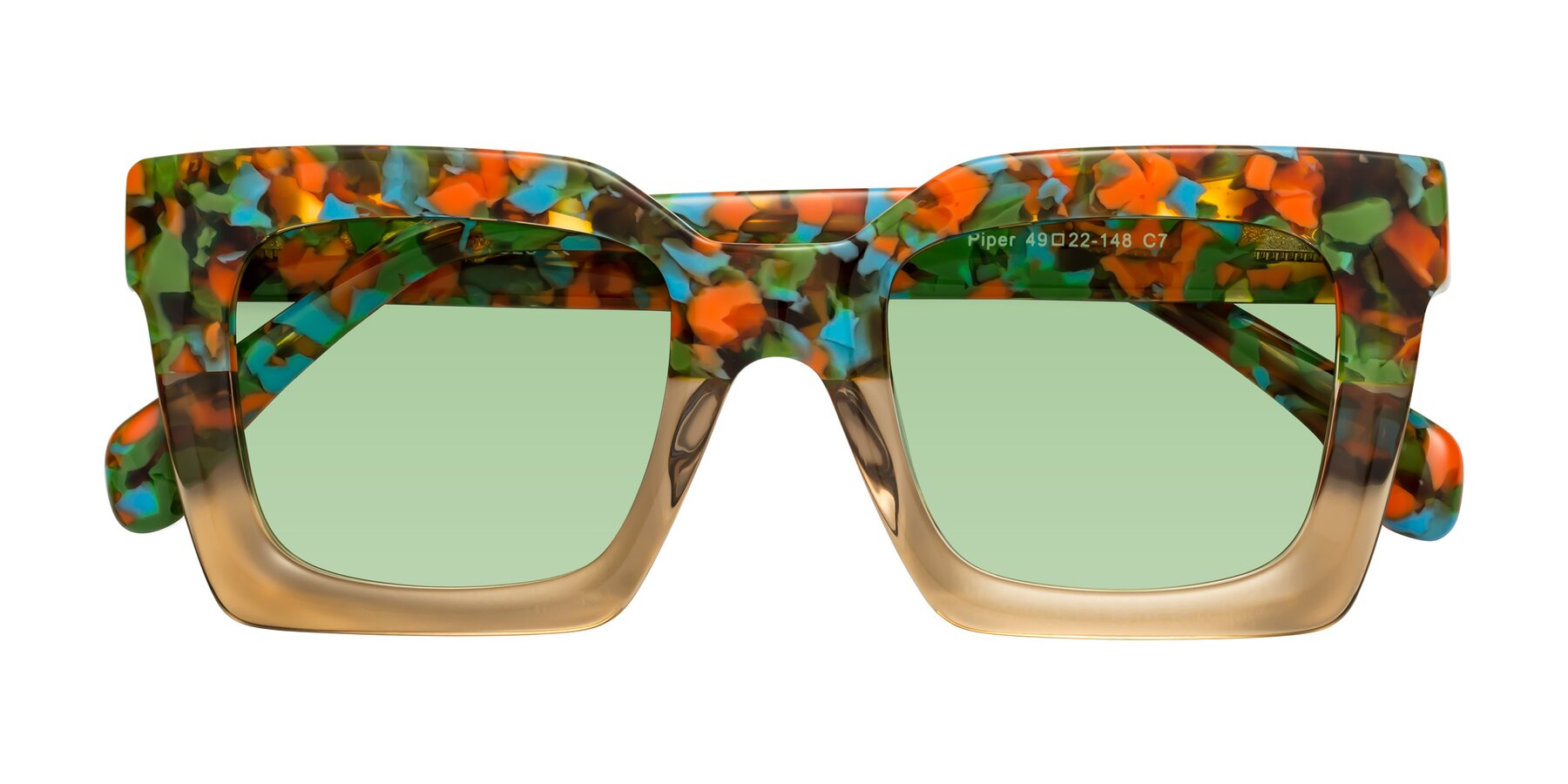 Folded Front of Piper in Floral-Amber with Medium Green Tinted Lenses