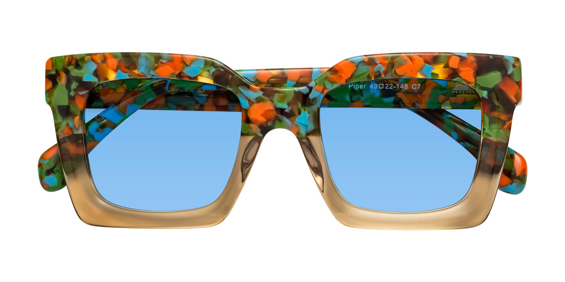 Folded Front of Piper in Floral-Amber with Medium Blue Tinted Lenses