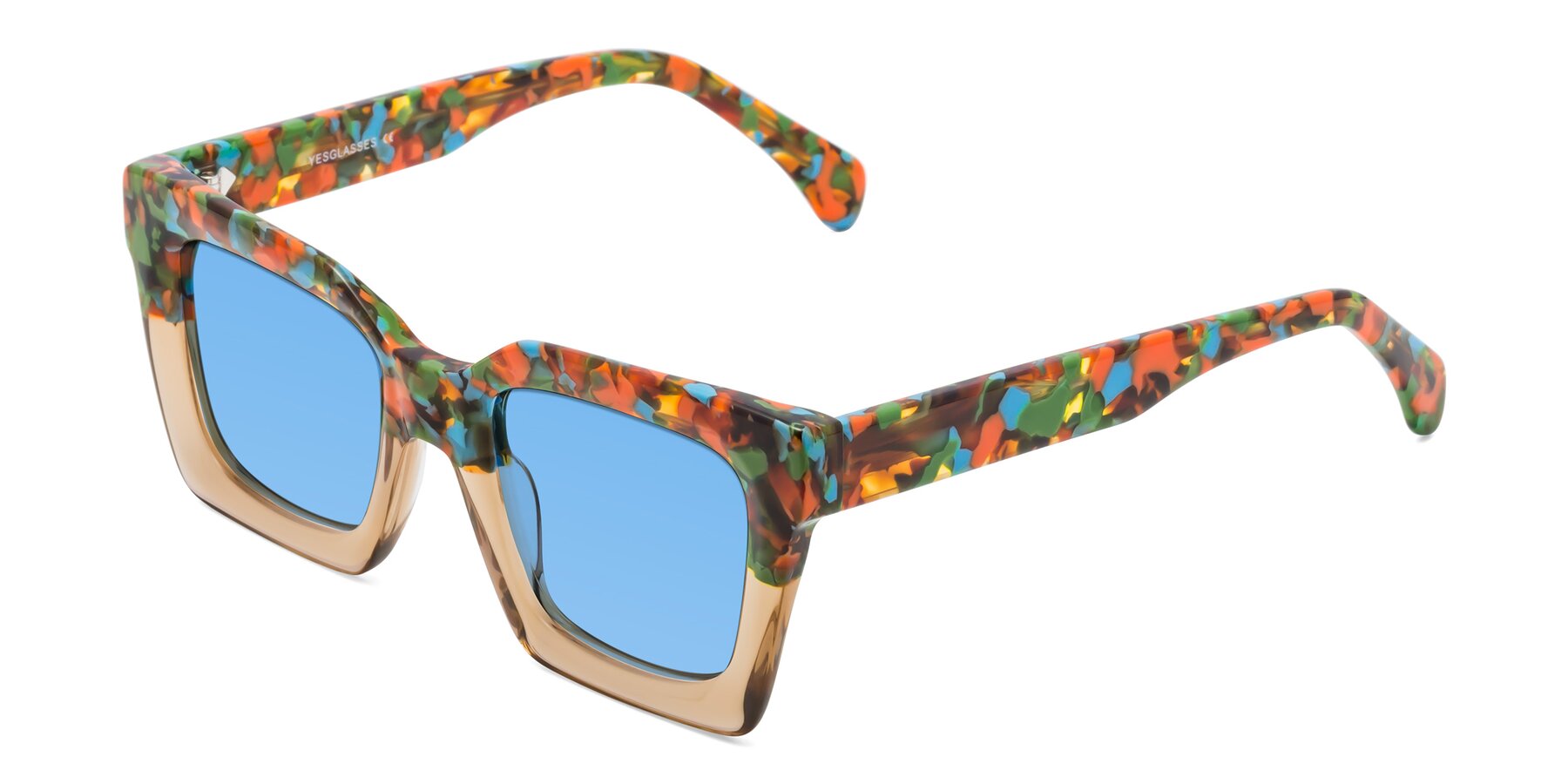 Angle of Piper in Floral-Amber with Medium Blue Tinted Lenses