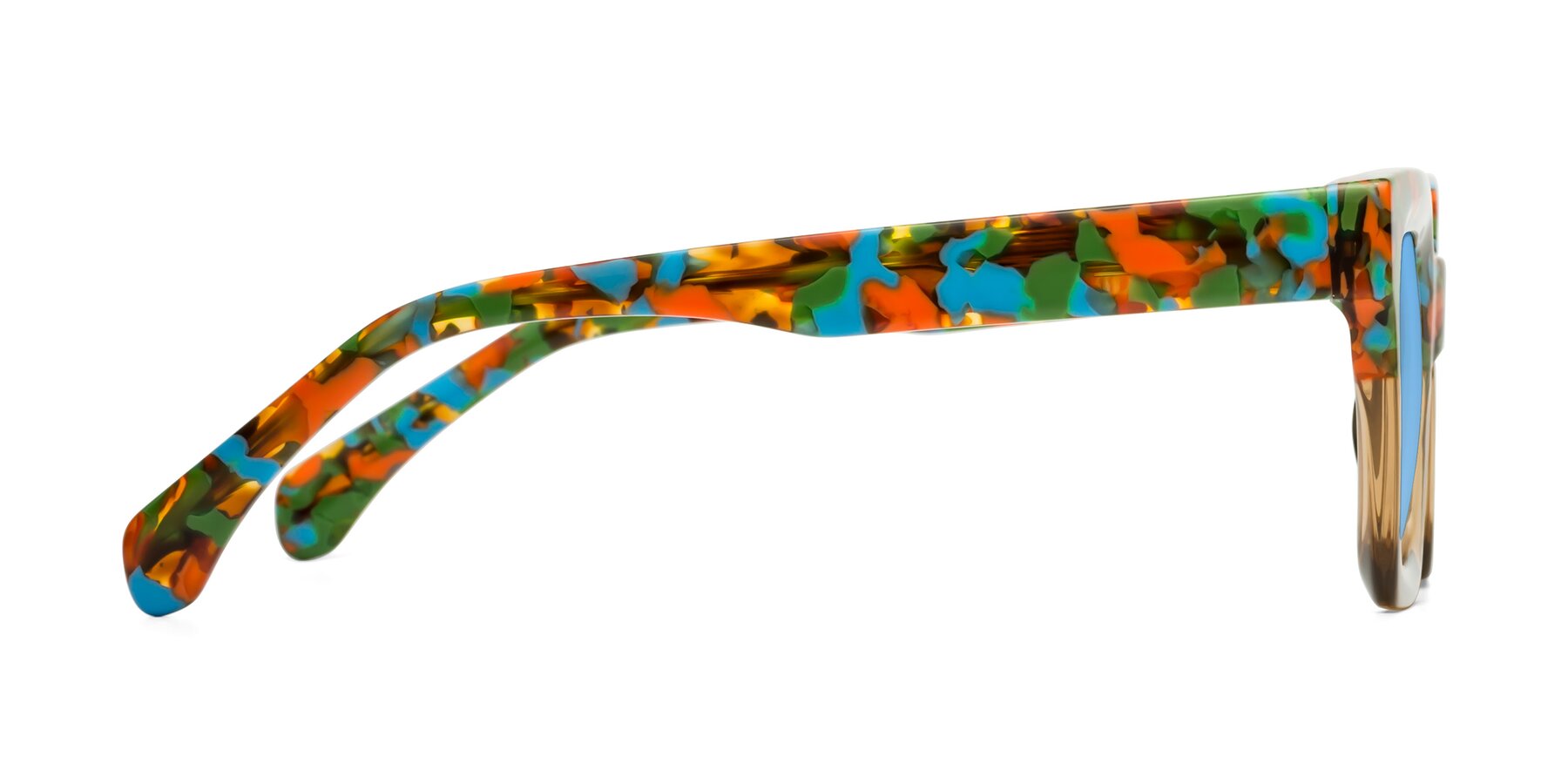 Side of Piper in Floral-Amber with Medium Blue Tinted Lenses