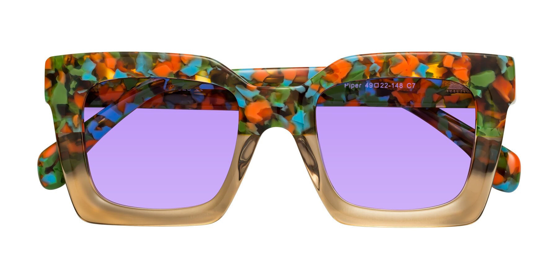 Folded Front of Piper in Floral-Amber with Medium Purple Tinted Lenses