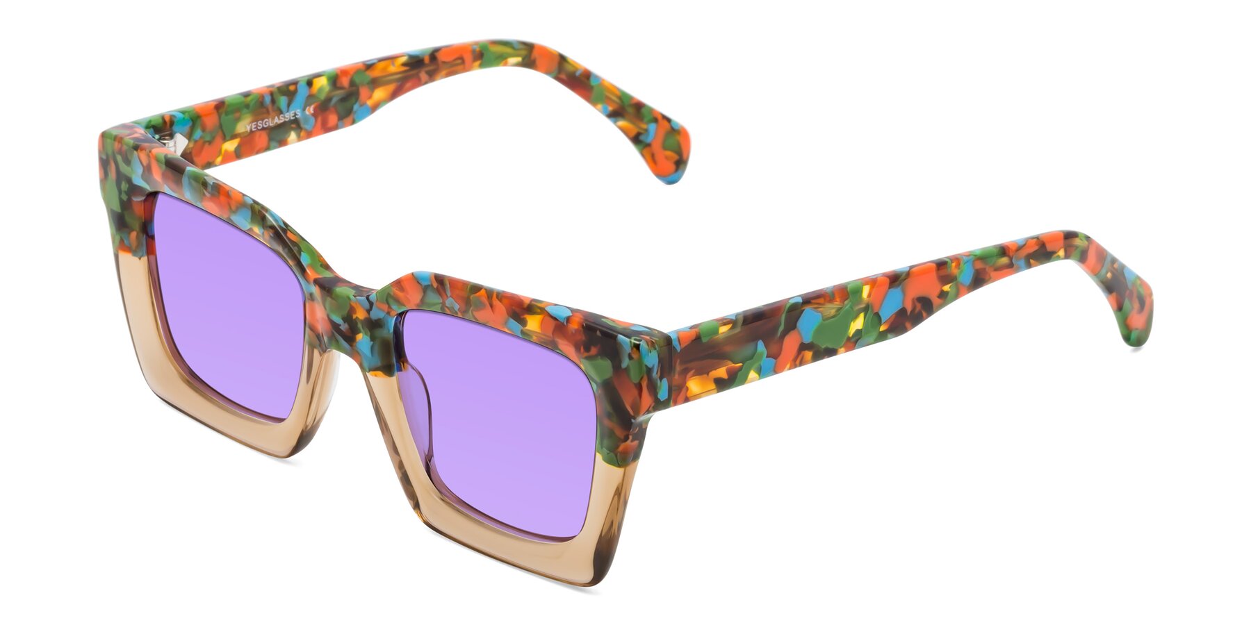 Angle of Piper in Floral-Amber with Medium Purple Tinted Lenses