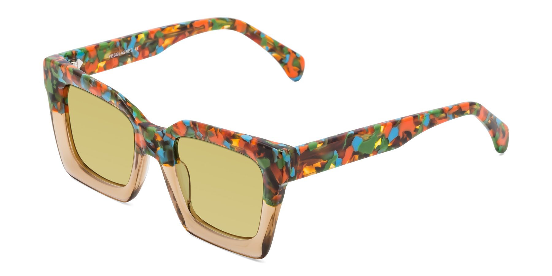 Angle of Piper in Floral-Amber with Medium Champagne Tinted Lenses
