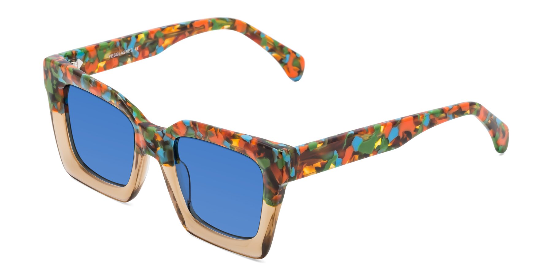 Angle of Piper in Floral-Amber with Blue Tinted Lenses