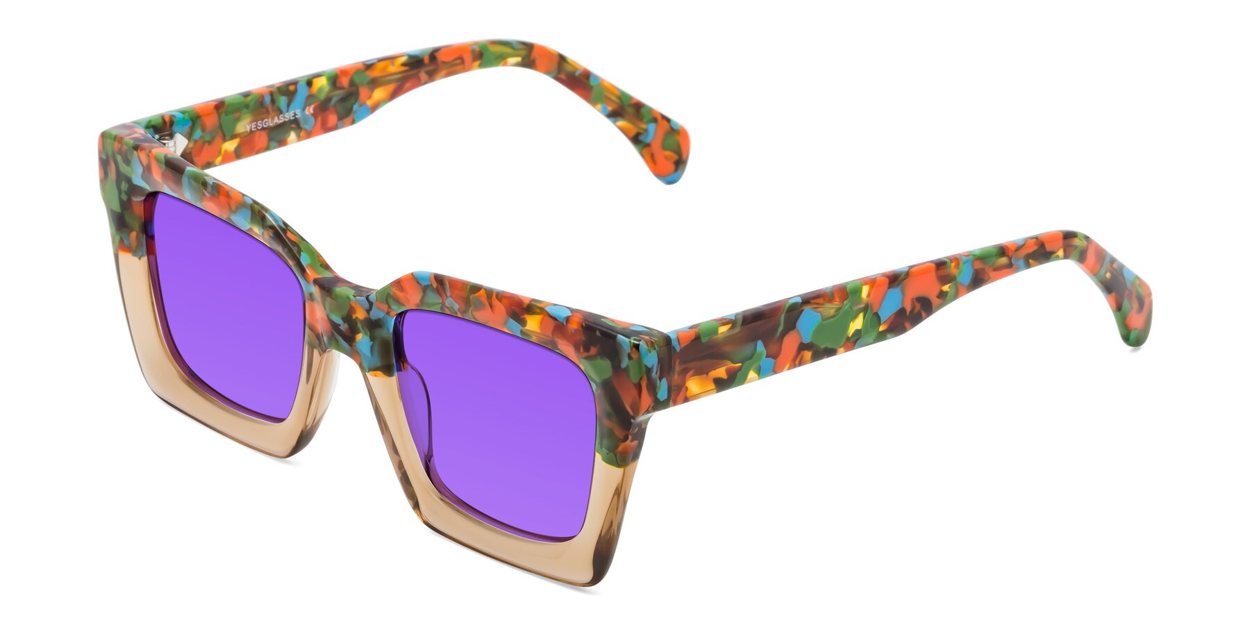 Angle of Piper in Floral-Amber with Purple Tinted Lenses