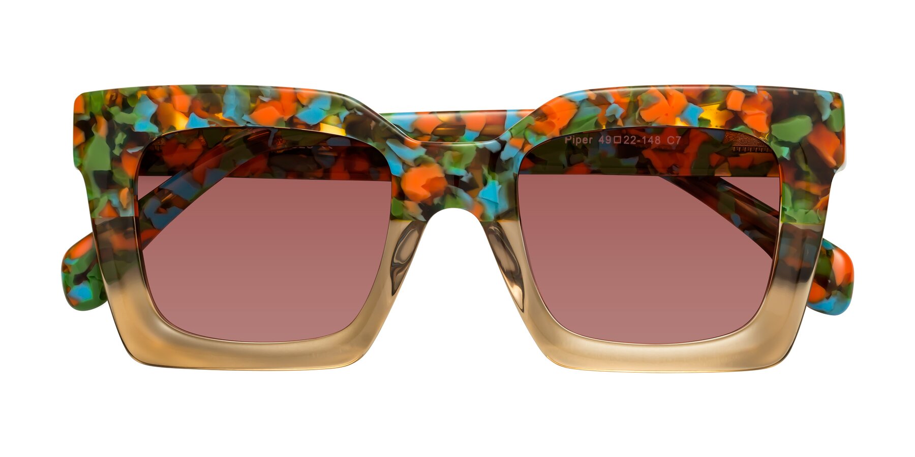 Folded Front of Piper in Floral-Amber with Garnet Tinted Lenses