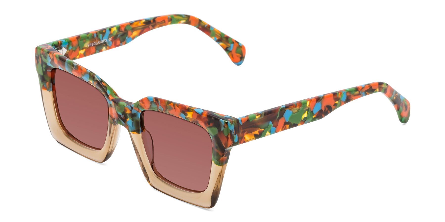 Angle of Piper in Floral-Amber with Garnet Tinted Lenses