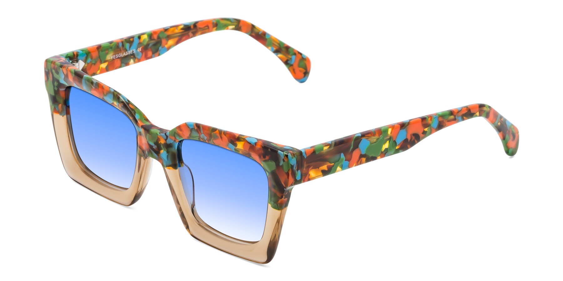 Angle of Piper in Floral-Amber with Blue Gradient Lenses