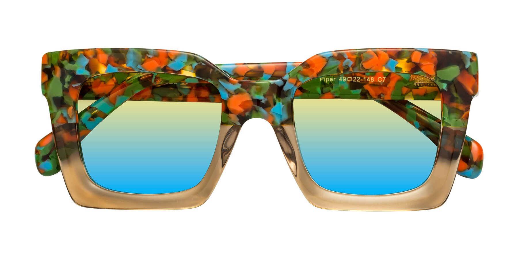 Folded Front of Piper in Floral-Amber with Yellow / Blue Gradient Lenses