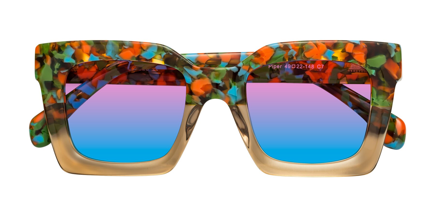 Folded Front of Piper in Floral-Amber with Pink / Blue Gradient Lenses