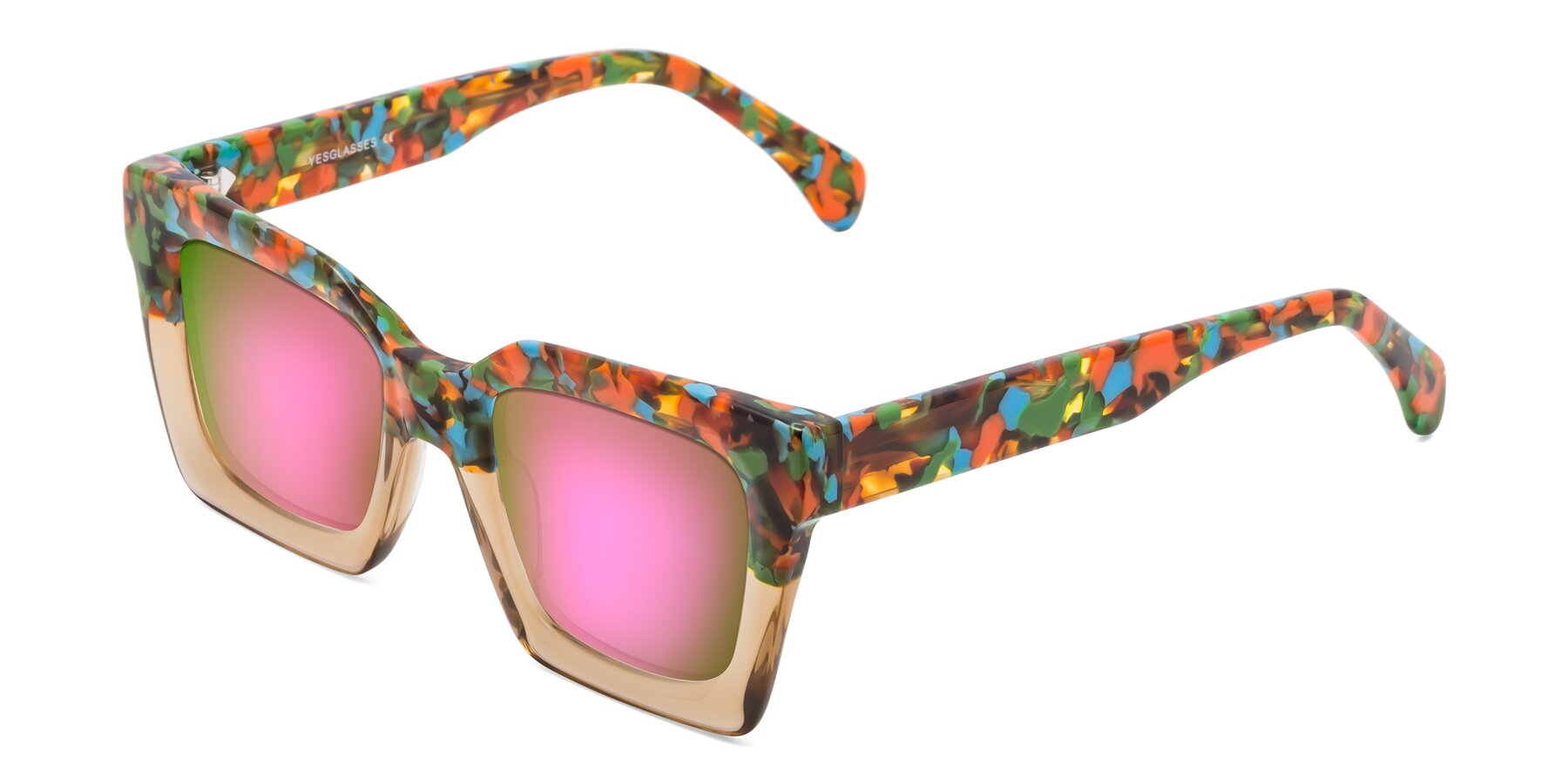 Angle of Piper in Floral-Amber with Pink Mirrored Lenses