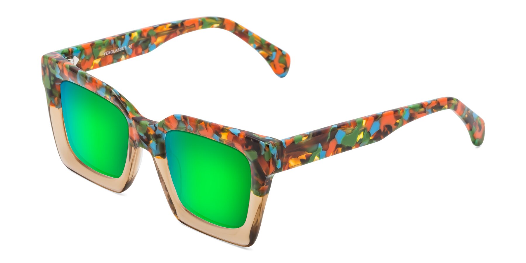 Angle of Piper in Floral-Amber with Green Mirrored Lenses