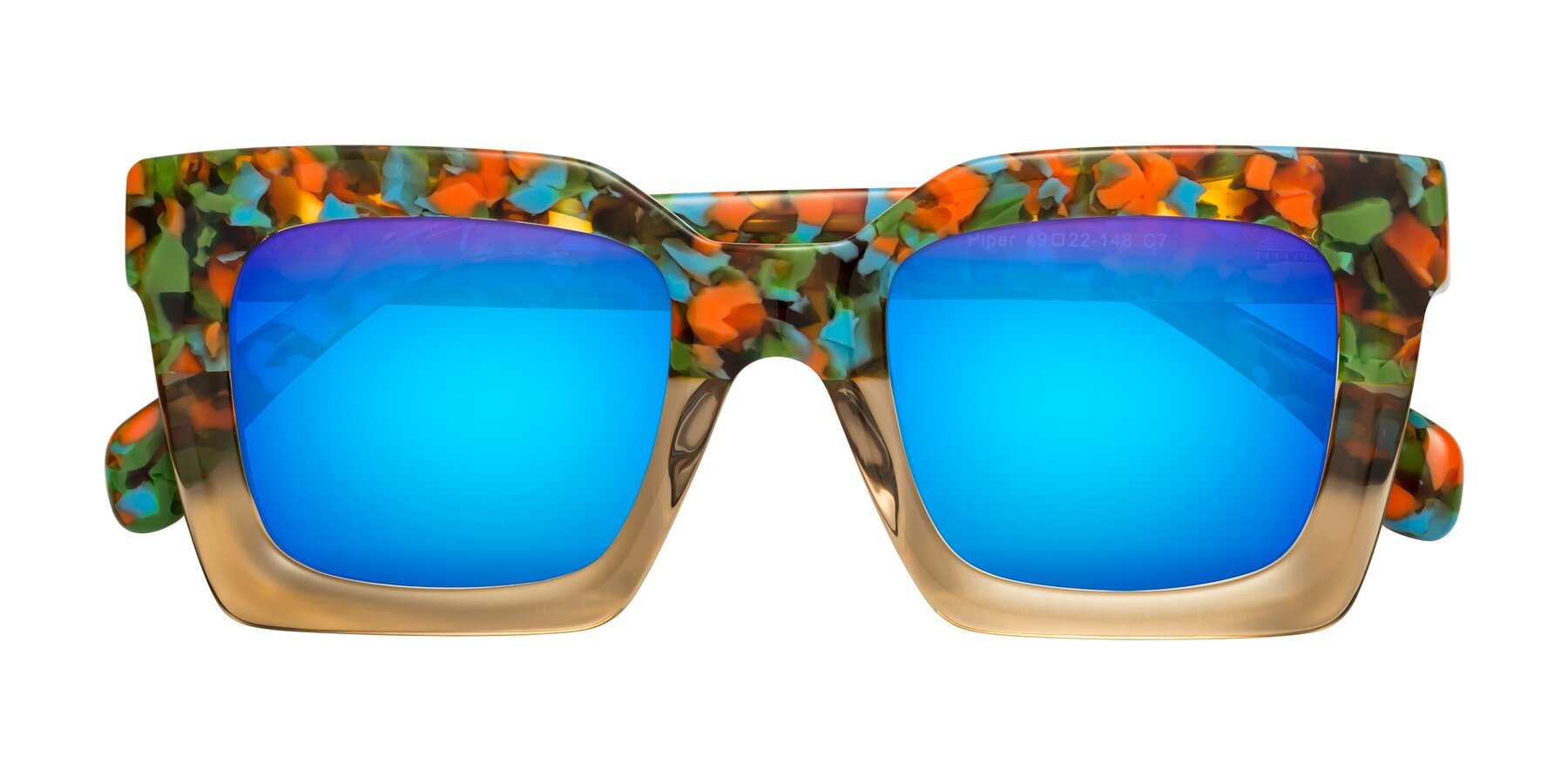 Folded Front of Piper in Floral-Amber with Blue Mirrored Lenses
