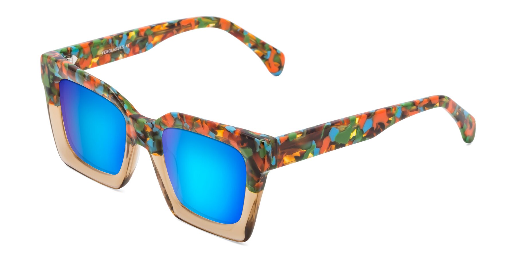 Angle of Piper in Floral-Amber with Blue Mirrored Lenses