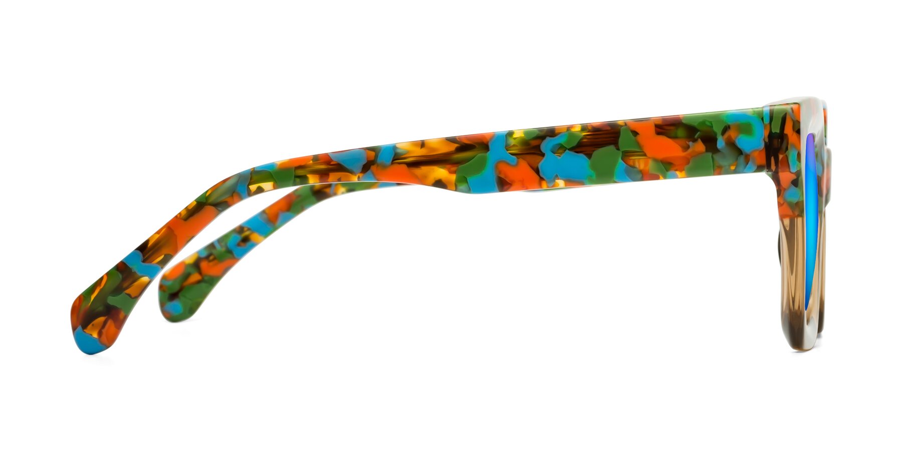 Side of Piper in Floral-Amber with Blue Mirrored Lenses