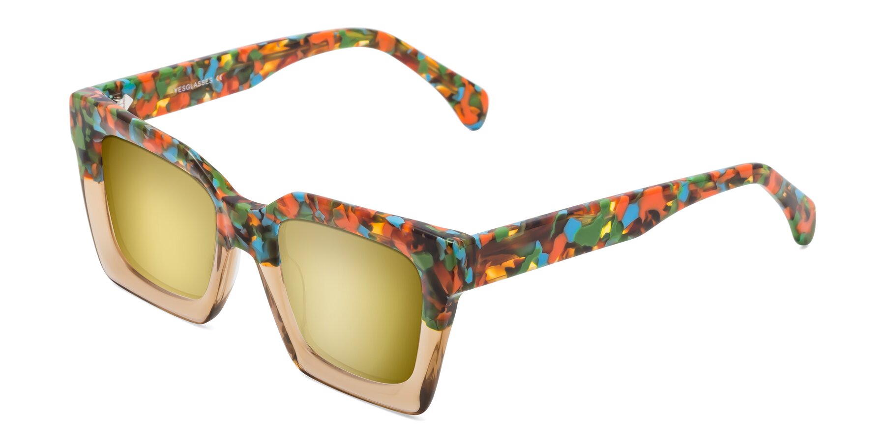 Angle of Piper in Floral-Amber with Gold Mirrored Lenses