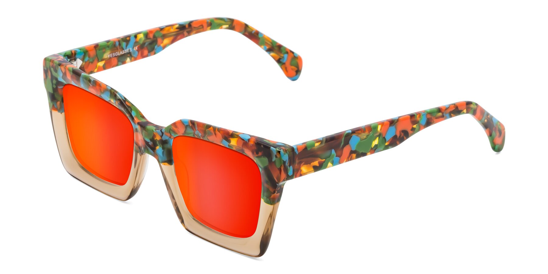 Angle of Piper in Floral-Amber with Red Gold Mirrored Lenses