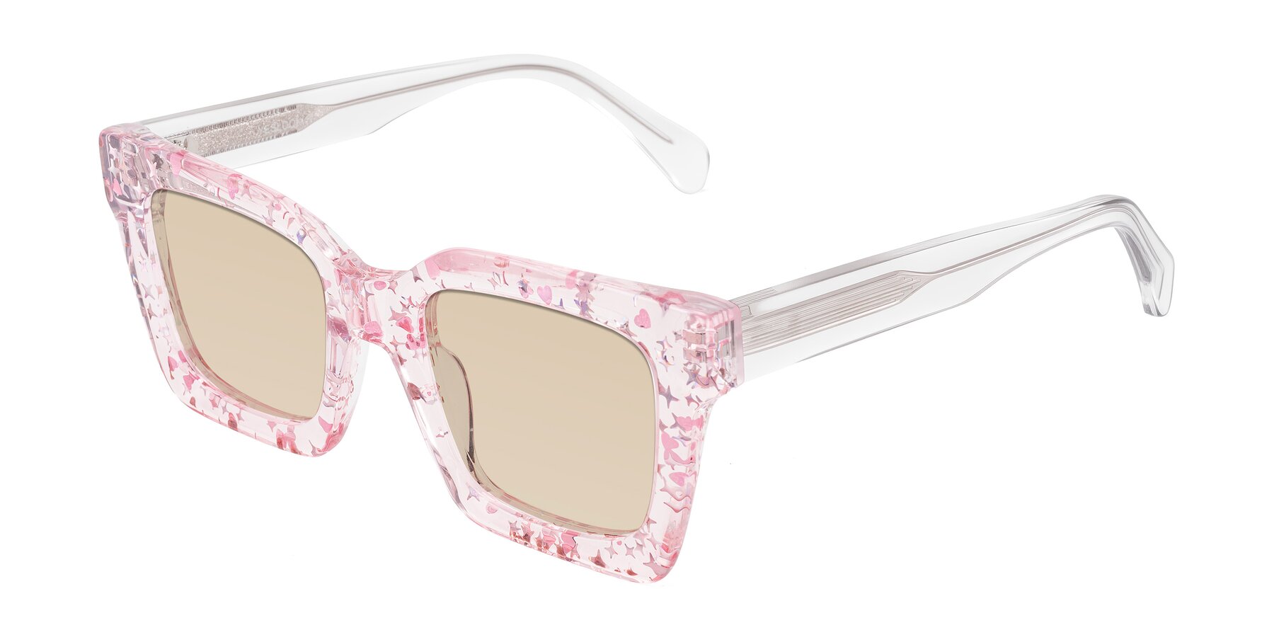 Angle of Piper in Sparkling Blush with Light Brown Tinted Lenses