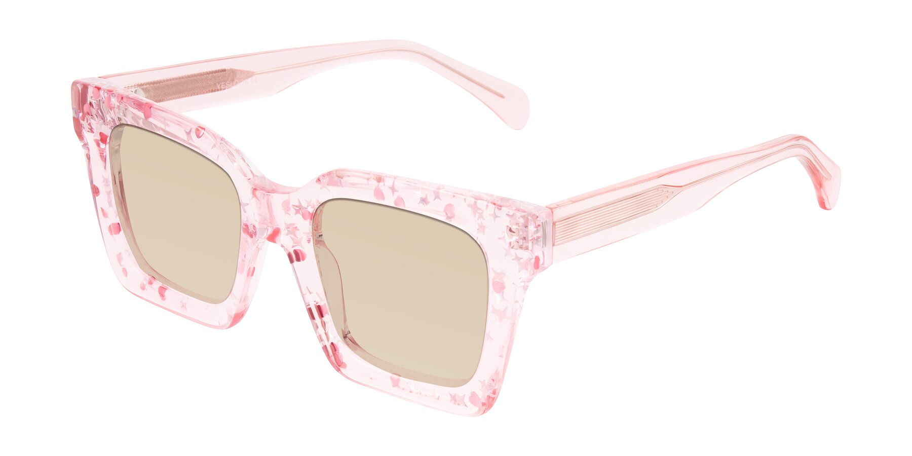 Angle of Piper in Sparkling Blush with Light Brown Tinted Lenses