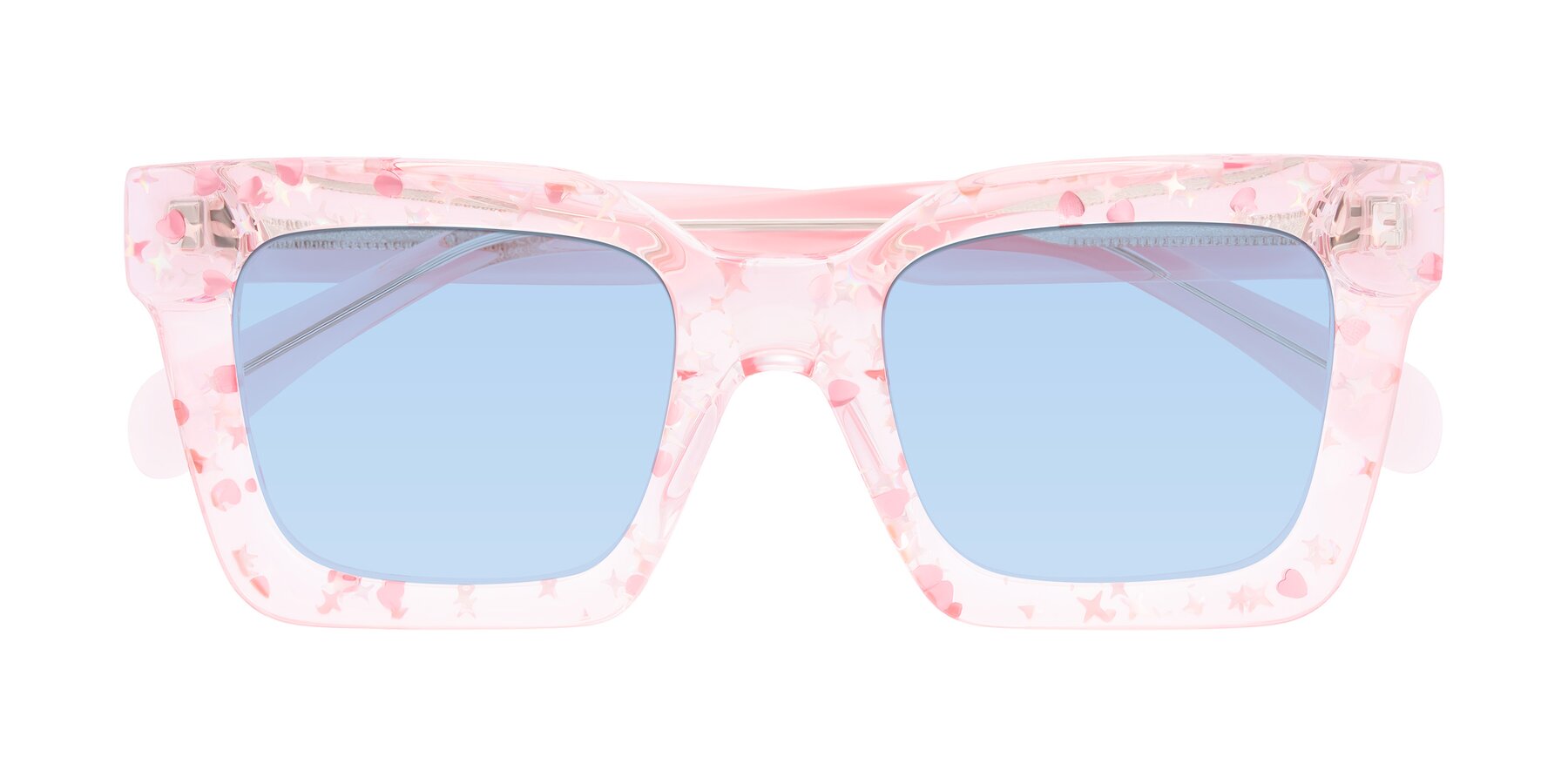 Folded Front of Piper in Sparkling Blush with Light Blue Tinted Lenses