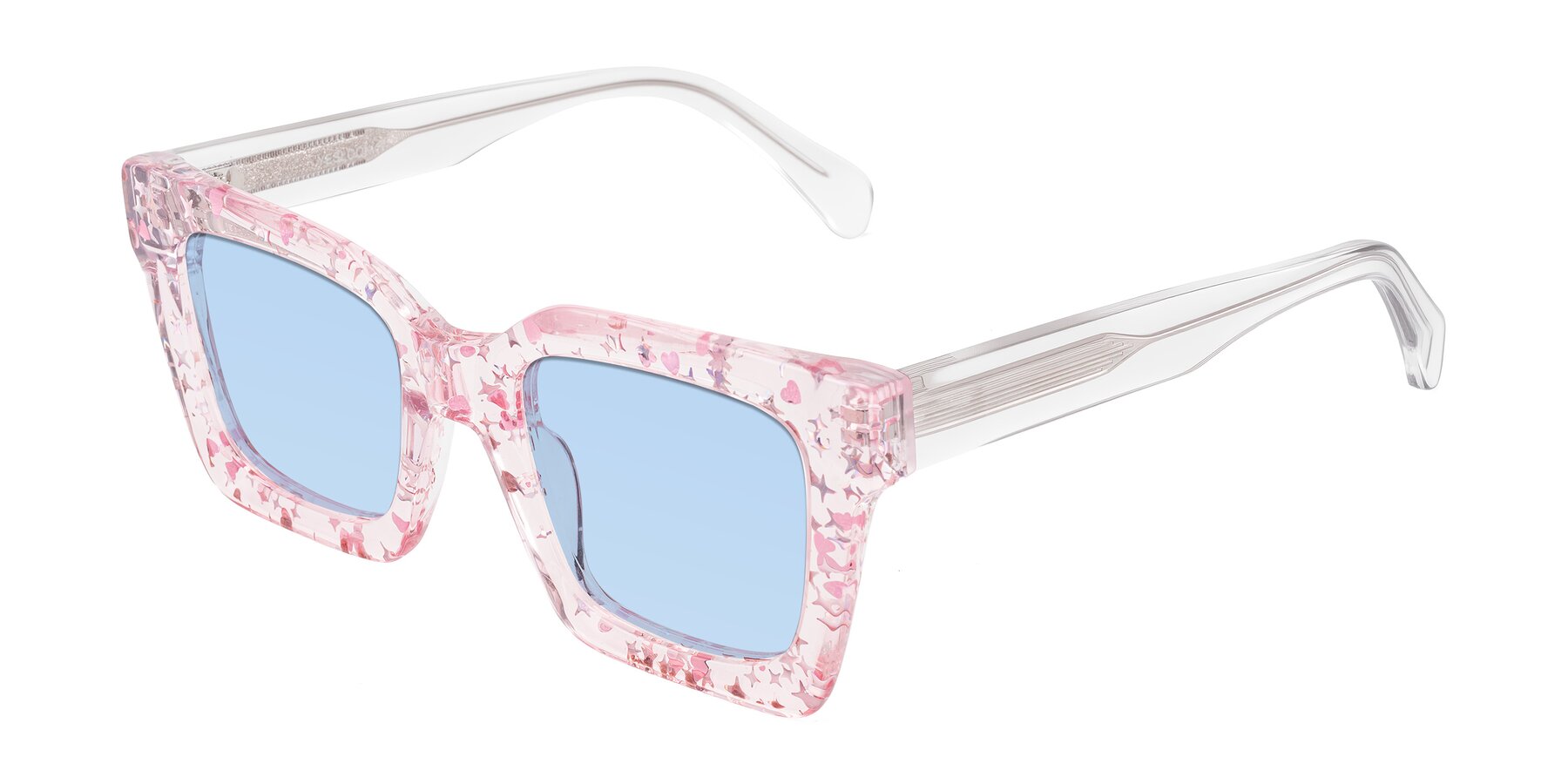 Angle of Piper in Sparkling Blush with Light Blue Tinted Lenses