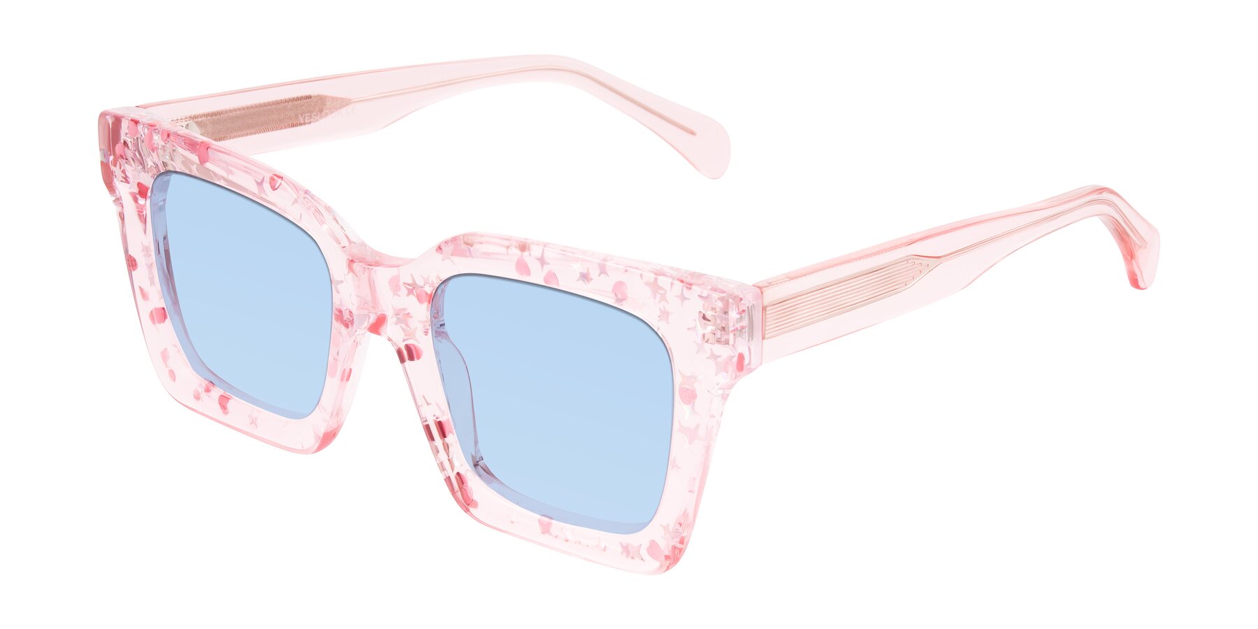 Angle of Piper in Sparkling Blush with Light Blue Tinted Lenses