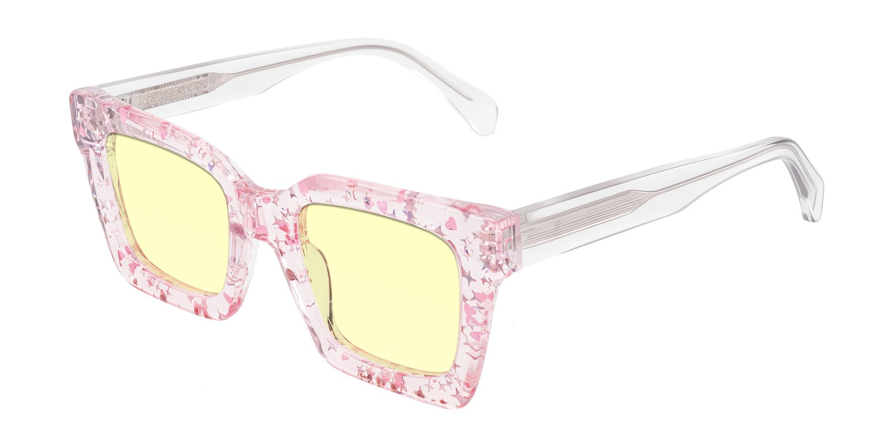 Angle of Piper in Sparkling Blush with Light Yellow Tinted Lenses