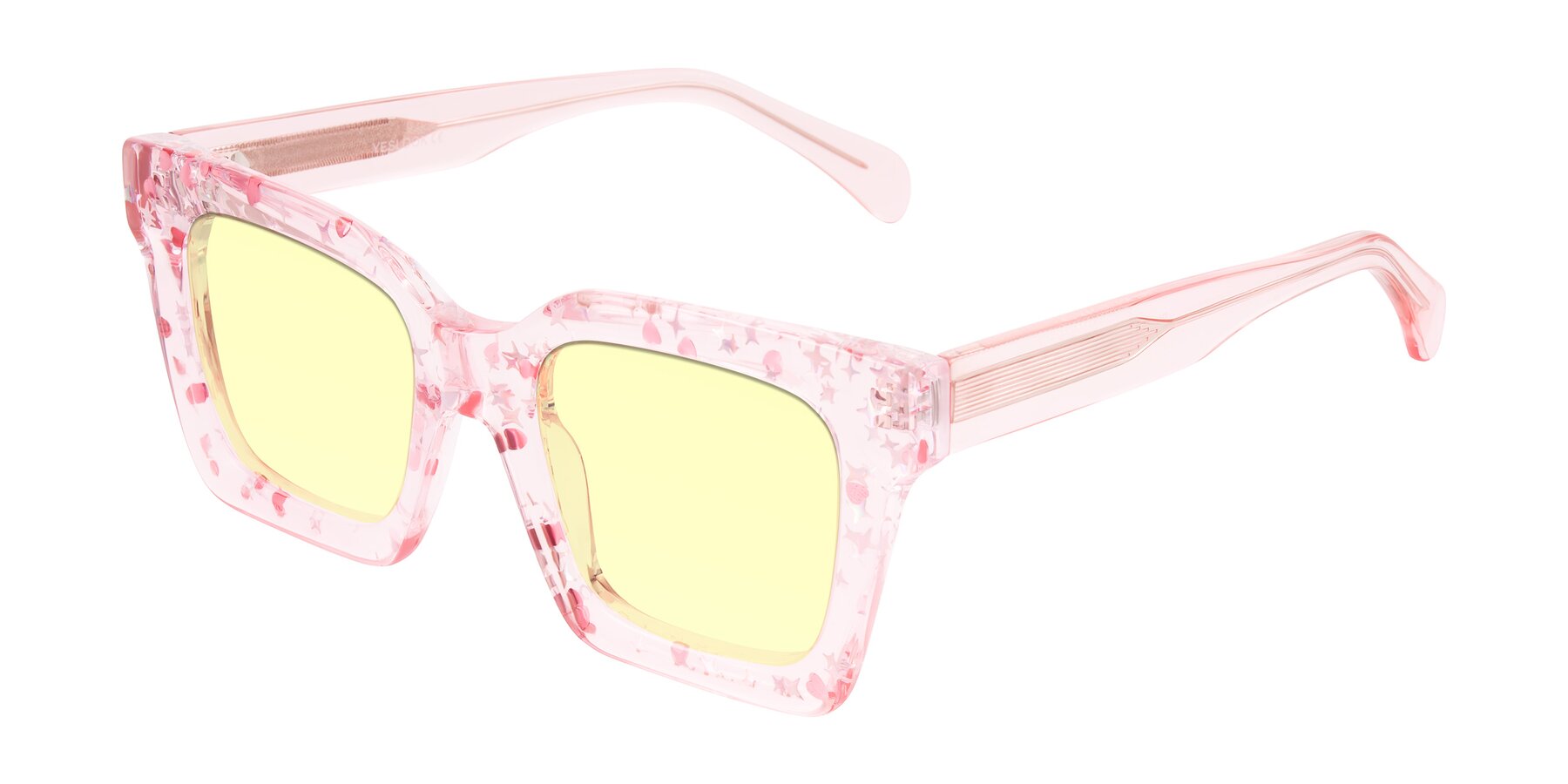 Angle of Piper in Sparkling Blush with Light Yellow Tinted Lenses