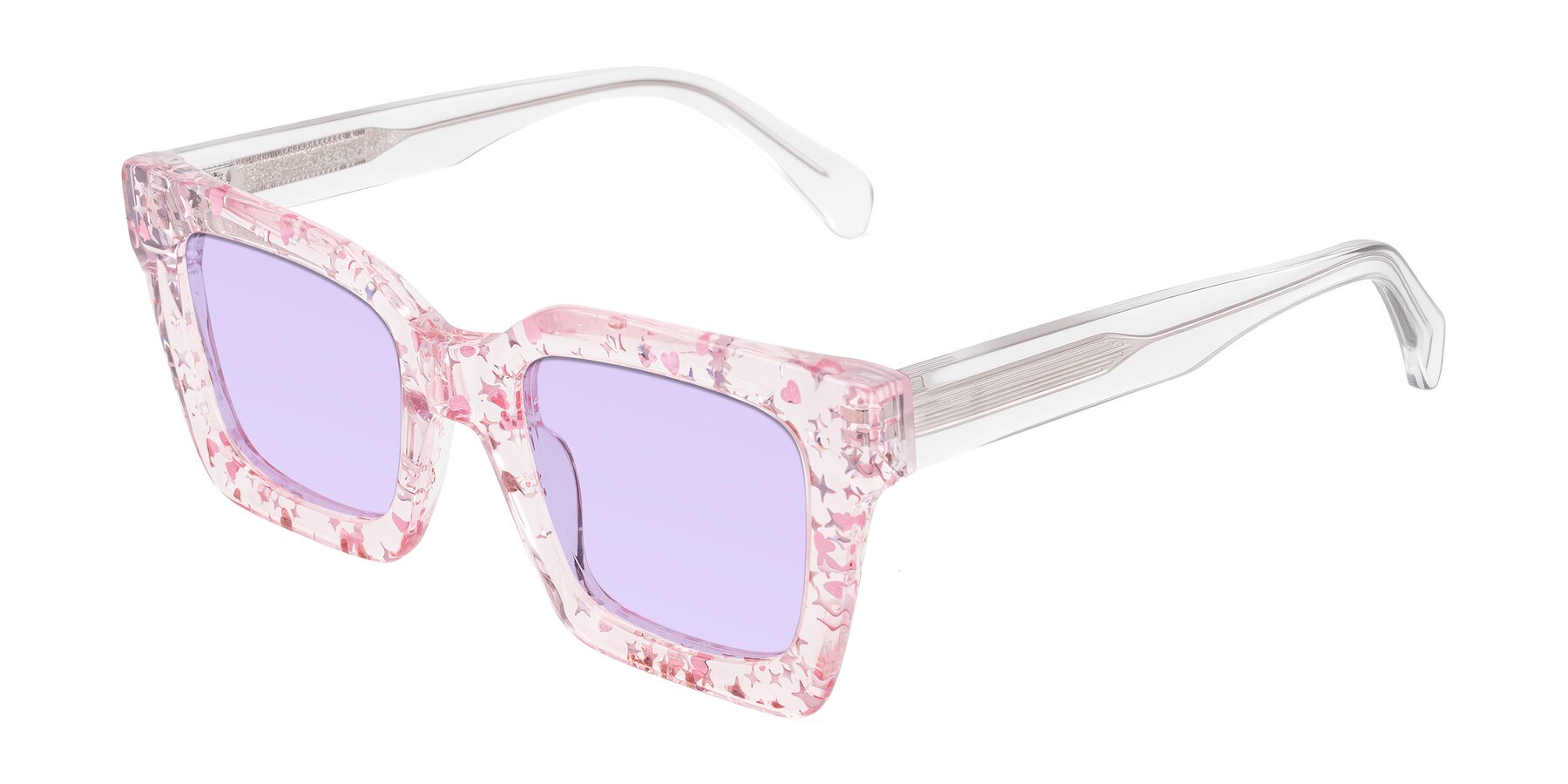 Angle of Piper in Sparkling Blush with Light Purple Tinted Lenses