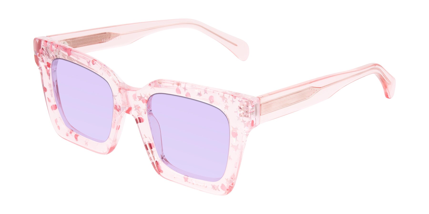 Angle of Piper in Sparkling Blush with Light Purple Tinted Lenses