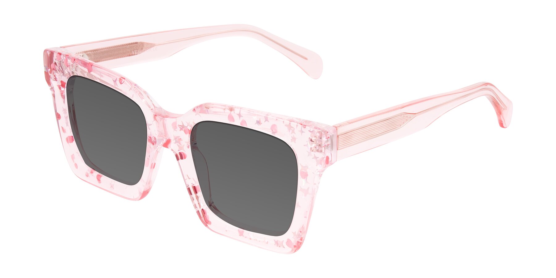 Angle of Piper in Sparkling Blush with Medium Gray Tinted Lenses