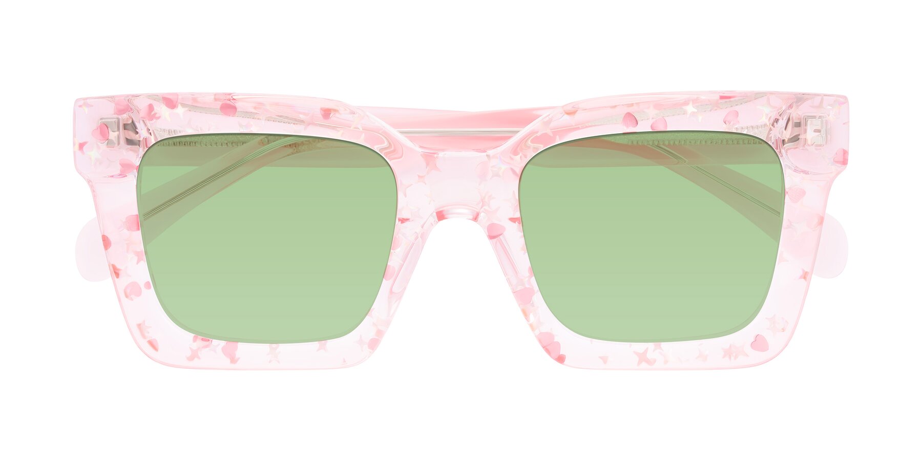 Folded Front of Piper in Sparkling Blush with Medium Green Tinted Lenses