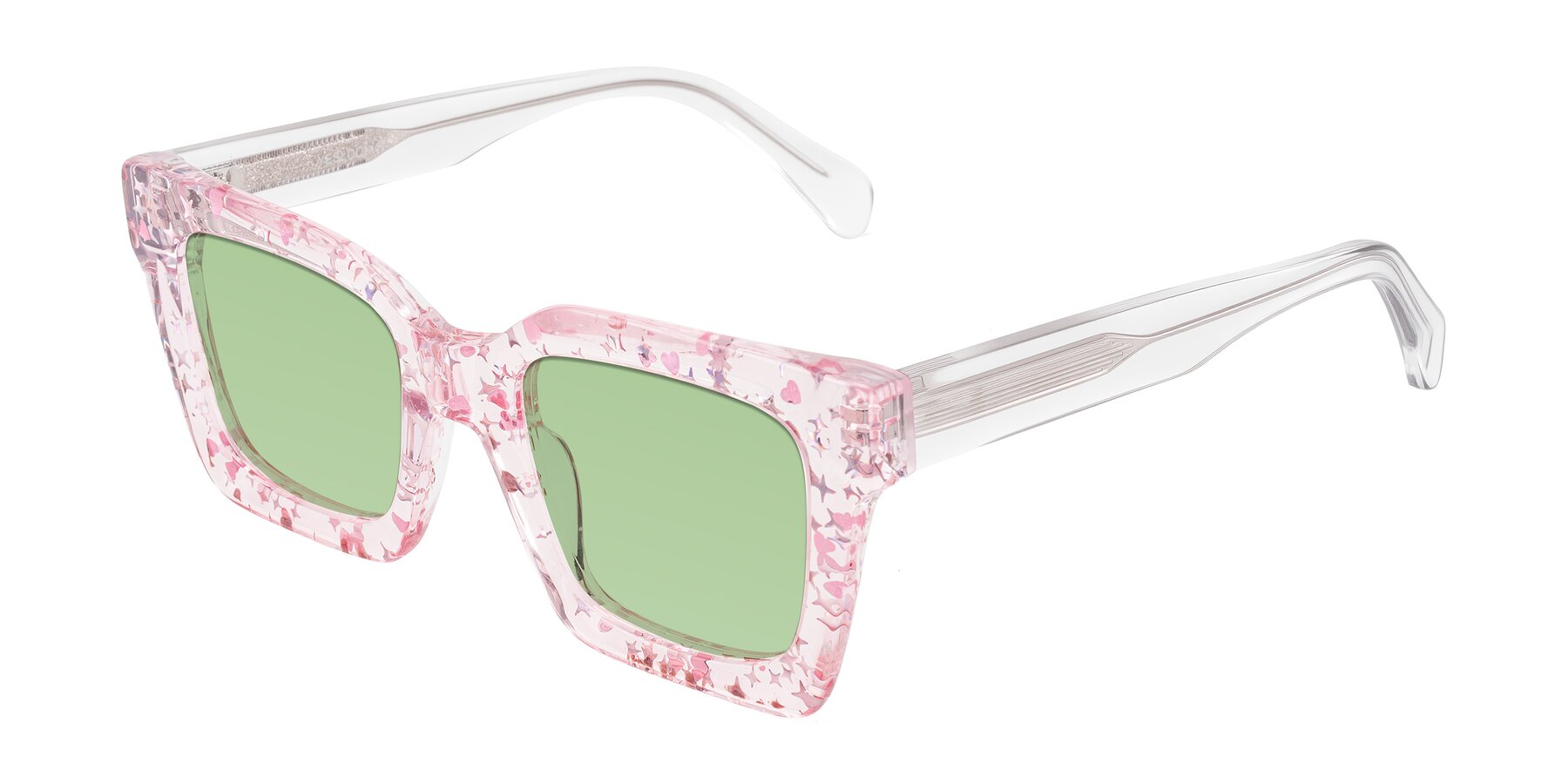 Angle of Piper in Sparkling Blush with Medium Green Tinted Lenses