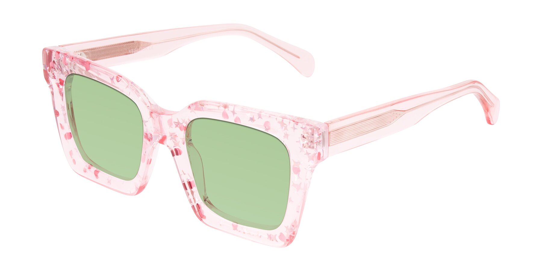 Angle of Piper in Sparkling Blush with Medium Green Tinted Lenses